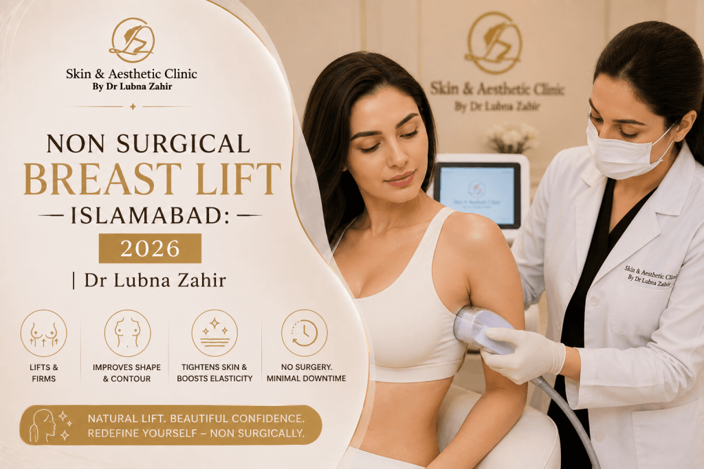 Non Surgical Breast Lift in Islamabad by Dr. Lubna Zahir. Benefits: lifts, firms, improves shape, and no surgery