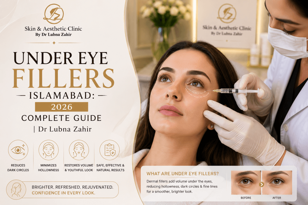 Under Eye Fillers Islamabad 2026 Complete Guide by Dr. Lubna Zahir. Benefits: reduces dark circles and restores volume