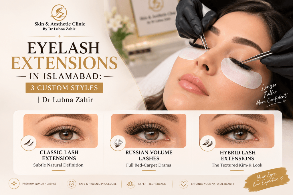 Eye Lash extensions in Islamabad by Dr Lubna Zahir. Styles: Classic (natural), Russian Volume (full), and Hybrid (textured)